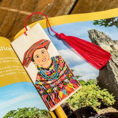 'Hand-Painted Cedarwood Bookmark of Smiling Guatemalan Woman'