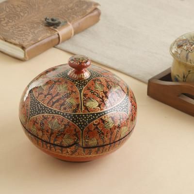 'Artisan-Made Crimson and Black Papier Mache Decorative Box'