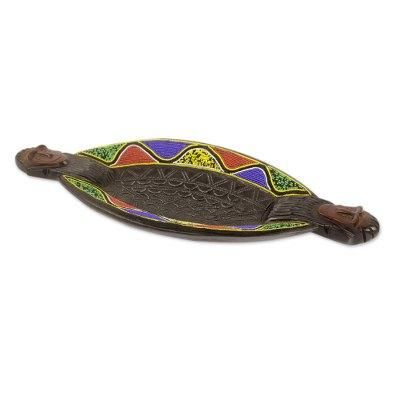 Cape Coast Waves,'Colorful African Beaded Wood Decorative Tray'