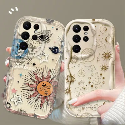 Coque de téléphone au design artistique étoiles soleil lune pour Samsung Galaxy S25 S24 Ultra S23 S22 S21 Plus FE A56 A36 A26 A16 A06 A15 A25 A35 A55 5G