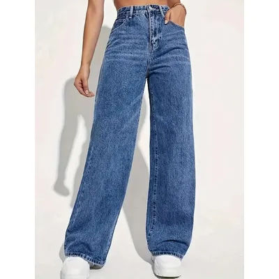 Jeans bleus rétro tendance pour femmes, style Y2K, pantalon baggy droit taille haute, pantalon slim tout-en-un