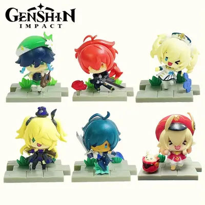 1 Set of 6 Genshin Venti Xingqiu Diluc Barbara Fischl Cute Chibi Figure Sitting Plastic Doll Mini Statue Cartoon Desktop