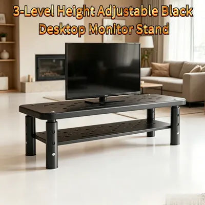 3-Level Height Adjustable Black Desktop Monitor Stand Rack, Computer Display Organizer for Office Studio Study and Students
