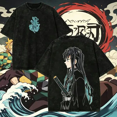 2026 Hot Sale Demon Slayer Muichiro Tokito T Shirt Vintage Washed Oversize Cotton Graphic Tees Harajuku Streetwear for Men Women