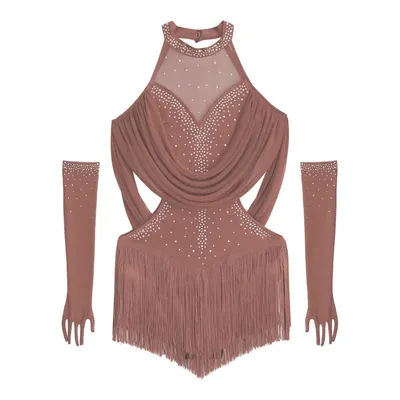 Childs Girls Tassel Latin Dance Leotard Costume Rumba Chacha Tango Bodysuit with Mesh Gloves Stage Performance Kids Dancewear