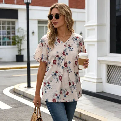 Fashion Boho Flower Print Tunic , Button Detail V-Neck Bell Sleeve Blouse , Lightweight Daily Wear for Ladies