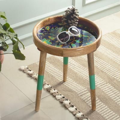'Floral Leaf-Themed Wood Accent Side Table with Resin Coating'
