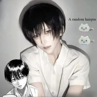 Anime Yoshiki Tsujinaka Cosplay Wig Black Short Hair with Hairpin Role Play Props Accessories for Men Halloween Carnival Party
