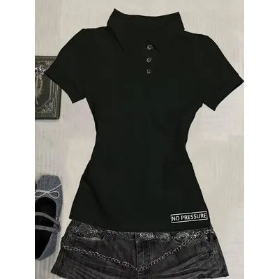 Polo slim noir Y2K pour femme, vêtements de travail, hauts imprimés rouges