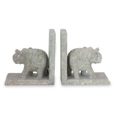 Soapstone bookends, 'Elephant Knowledge' (pair)
