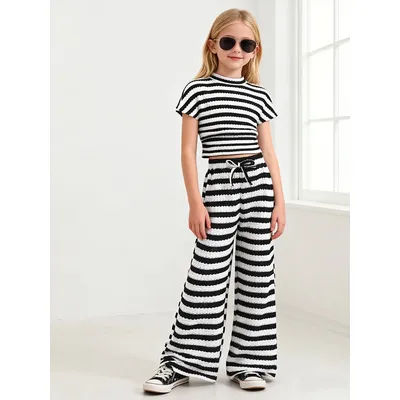 Ensemble 2 pièces rayé noir et blanc pour enfants filles, haut court à col montant et pantalon à jambes larges taille haute, tenue décontractée