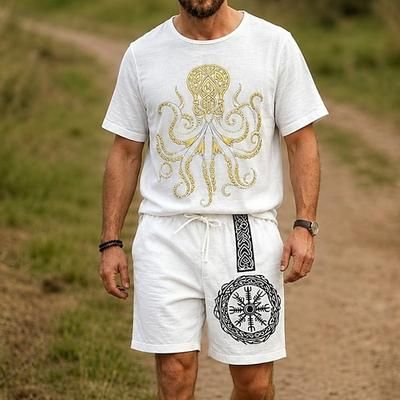 Set Medievale Rinascimento T-shirt Shorts Vichingo Texture effetto lino Costume Per uomo Halloween Carnevale LARP Fiera Rinascimentale Vacanza al Mare Adulti Shorts Maglietta Estate