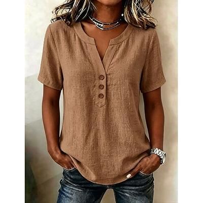 Per donna Blusa Tinta unica Vintage Elegante Essenziale Manica Corta Scollo a V Top Regolari Casuale Quotidiano Blu Cachi Rosa Verde scuro Estate Primavera