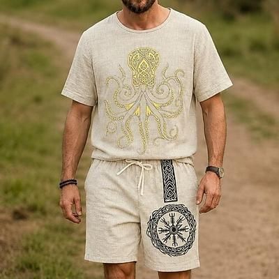 Set Medievale Rinascimento T-shirt Shorts Vichingo Texture effetto lino Costume Per uomo Halloween Carnevale LARP Fiera Rinascimentale Vacanza al Mare Adulti Shorts Maglietta Estate