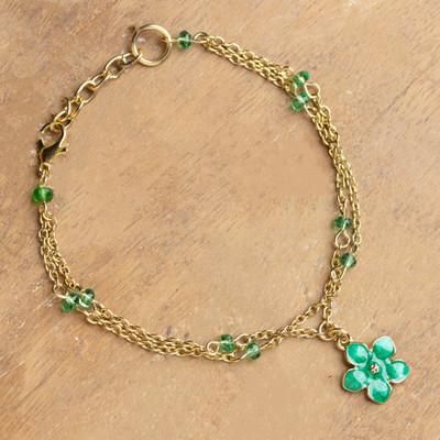Spring Harmony,'Quartz and Brass Bracelet with Floral Charm in Green Hues'