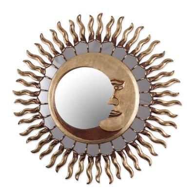 Cuzco Eclipse,'Sun and Moon Themed Bronze Leaf Wood Wall Mirror'
