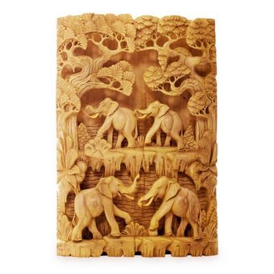 Jungle Romance,'Hand Carved Wood Relief Panel with Elephant Theme'