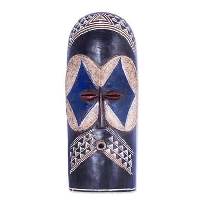 'Ghanaian-Made Antiqued Blue and Black Wood African Wall Mask'
