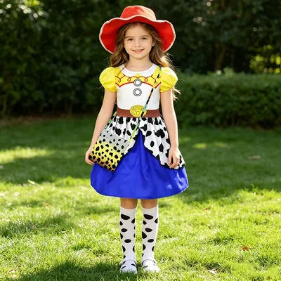 Girls Jessie Cowgirl Costume, Toy Story Inspired Cow Print Dress With Western Belt Detail For Halloween Birthday Party Cosplay