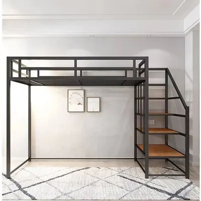 *Manufacturer's Twin over Full Iron Steel Bunk Bed Frame for Adults with Stairs Bedroom Furniture