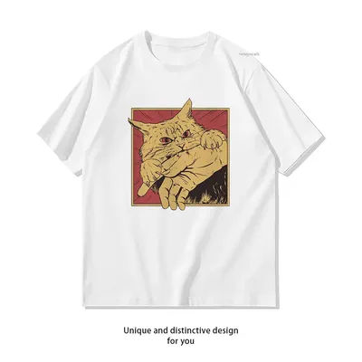 Vintage Cat Bite Japanese Horror Anime T-shirt Woman Man Summer Cotton Graphic T Shirts Adult O-neck Camisetas Tops Tee