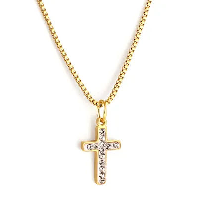 Fashionable Versatile Stainless Steel Diamond-studded Necklace with a Simple Cross Pendant, Unisex Trendy Hip-hop Accessory