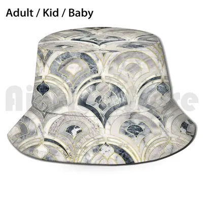 Carreaux de marbre Art déco monochromes, chapeau de soleil pliable, chapeau de pêcheur en marbre Mono noir et blanc monochrome clair foncé