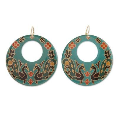 Painted Peacock,'Peacock-Themed Painted Green Brass Dangle Earrings'