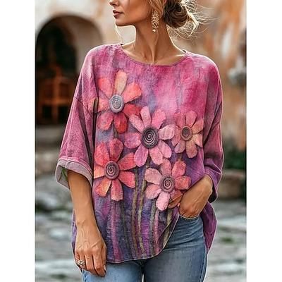 Per donna Blusa Stampato Floreale Grafico Vintage Elegante Casual Manica 3/4 Girocollo Top Regolari Casuale Quotidiano Abbigliamento da vacanza Giallo Viola Estate Primavera