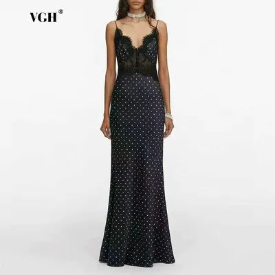 Robe longue vintage VGH noire à pois avec bretelles spaghetti pour femme, col en V, jupe sirène en dentelle transparente pour galas et tapis rouge