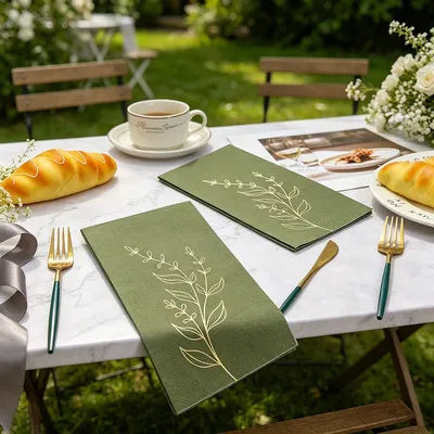 Olive Green Gold Foil Leaf Paper Napkins 2-Ply Disposable Dinner Napkins for Wedding Birthday Party Table Decor Serviettes