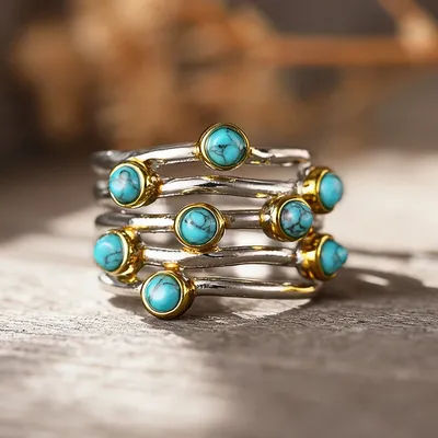 Huitan Vintage Rings with Imitation Turquoise Bright Bohemia Stylish Accessories for Women Chic Exquisite Two-tone Party Jewelry