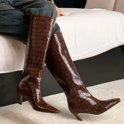 Bottes en cuir véritable pour femmes, motif pierre, talon haut fin de 5cm, bout carré, genou haut ald-on, chaussures western élégantes, automne, nouveau, 2024