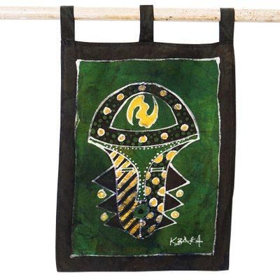 Ghanaian Symbol,'Handmade Batik Wall Hanging with Gye Nyame Symbol on A Mask'