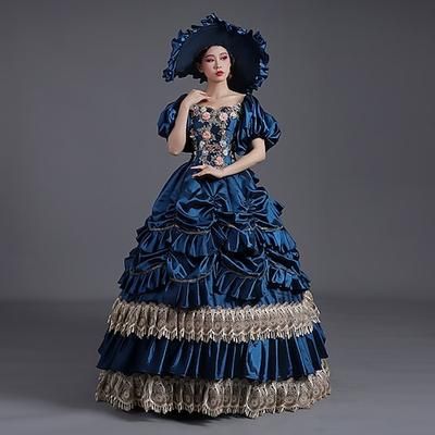Vintage Rococò Rinascimento Maxi Vestito Normale Manica a Palloncino Principessa regina Elisabetta Pieghettato Con Volant Principessa Collo quadrato Costume Per donna Halloween Carnevale Mascherata