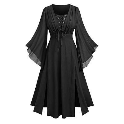 Retrò Vintage Medievale Rinascimento Midi Vestito Lunghe Strega Fata Contadina Allacciato Girocollo Costume Per donna Fantasia Halloween Feste Fiera Rinascimentale LARP Adulti Vestito Primavera