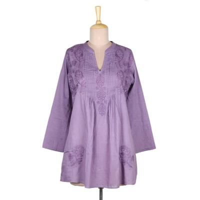 Lilac Garden,'Hand Embroidered Lilac Cotton Tunic from India'