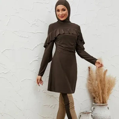 Maillot de bain musulman pour femme, ensemble 3 pièces, haut hijab modeste, pantalon taille haute, volants, tenue de bain couvrante 2026