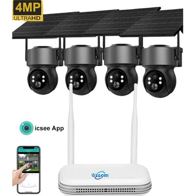 4MP Solar-Powered Battery Camera Outdoor Kit with 4 Cams PTZ Wifi Surveillance System Human Detection Home Security Base iCsee