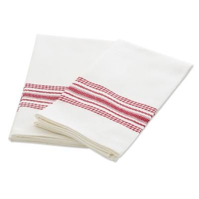 Seasonal Stripes,'Striped 100% Cotton Napkins in Crimson and White Hues (Pair)'