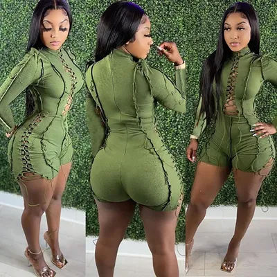 Nouvelle combinaison à manches longues vert olive avec détail de nœud, coupe ajustée, tendance, sexy, pour femme