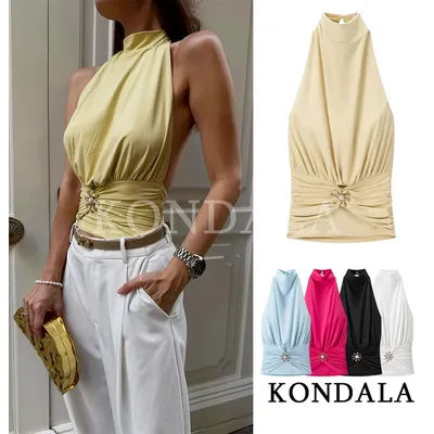 KONDALA à la mode vacances mince dos nu hauts femmes romantique Sexy plissé haut à licou 2026 printemps été haute rue femme Y2K hauts