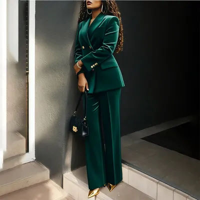Costumes de luxe en velours vert pour femmes, mode Double boutonnage, revers, coupe cintrée, vêtements féminins personnalisés, veste et pantalon 2 pièces