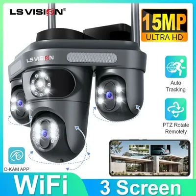 LS VISION caméra à trois écrans WIFI 15MP 6K moniteur à trois objectifs Vision nocturne Protection de sécurité 3 objectif PTZ Surveillance vidéo