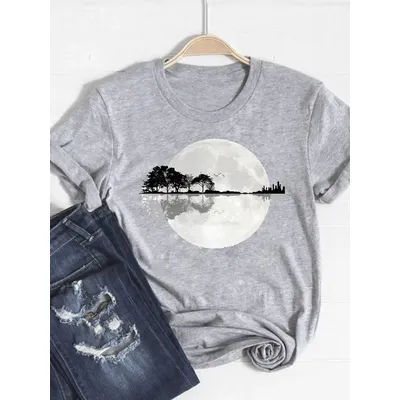 T-shirt imprimé à manches courtes pour femme, haut d'été tendance, motif aquarelle, gris, basique, graphique