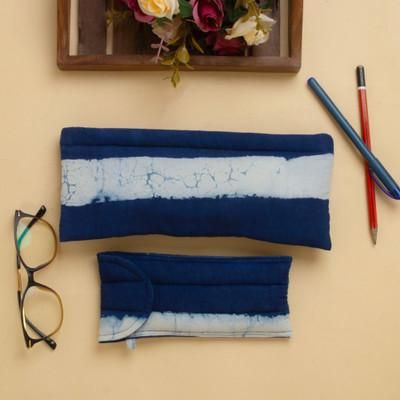 'Striped Blue White Cotton Pencil Eyeglass Case 2-Piece Set'