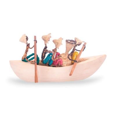 Vessel of the Vine,'Wood Natural Fiber Figurine of Men Rowing a Ghanaian Boat'