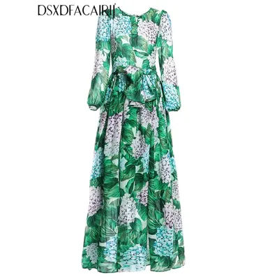 DSXDFACAIRIJ femmes vert feuille fleur imprimé col rond lanterne manches à lacets Maxi robe plage Style mousseline de soie été mode femme