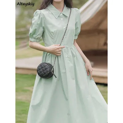 Robe mi-longue à manches bouffantes vert clair pour femmes, style Mori Girl, Harajuku doux, tempérament Preppy, vintage, vacances décontractées, chic, été