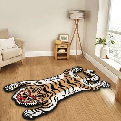 VIKAMA Retro Tiger Alien-Shaped Carpet, Washable, Soft Living Room Area Rug, Children's Bedroom Bedside Carpet, Home Decoration